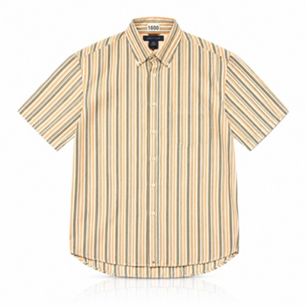 Tommy Hilfiger Mens L Beige Stripe Cotton Short Sleeve Button Down Shirt Logo